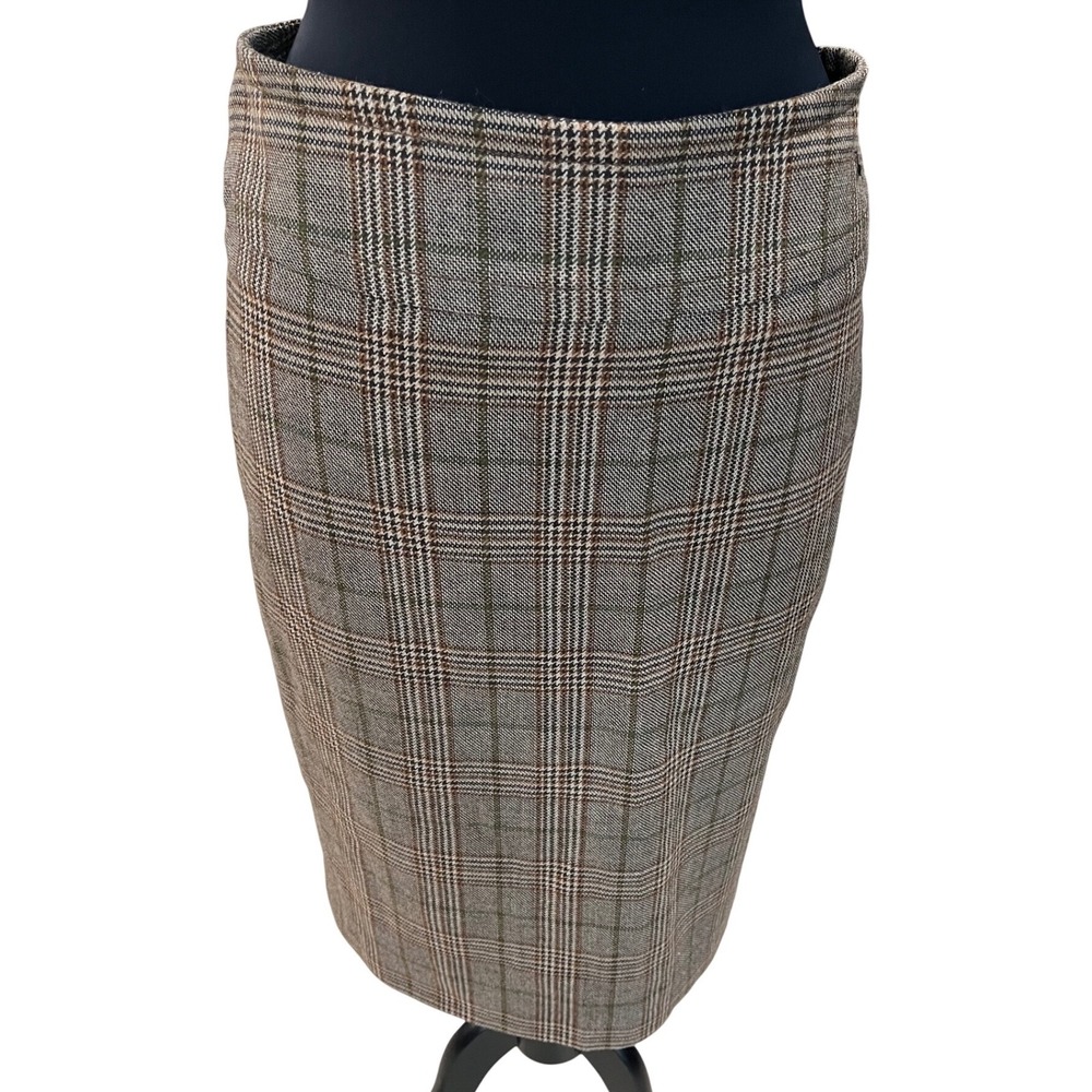 Burberry London Brown Plaid Wool Pencil Skirt Embroidered Knight Logo Size 36